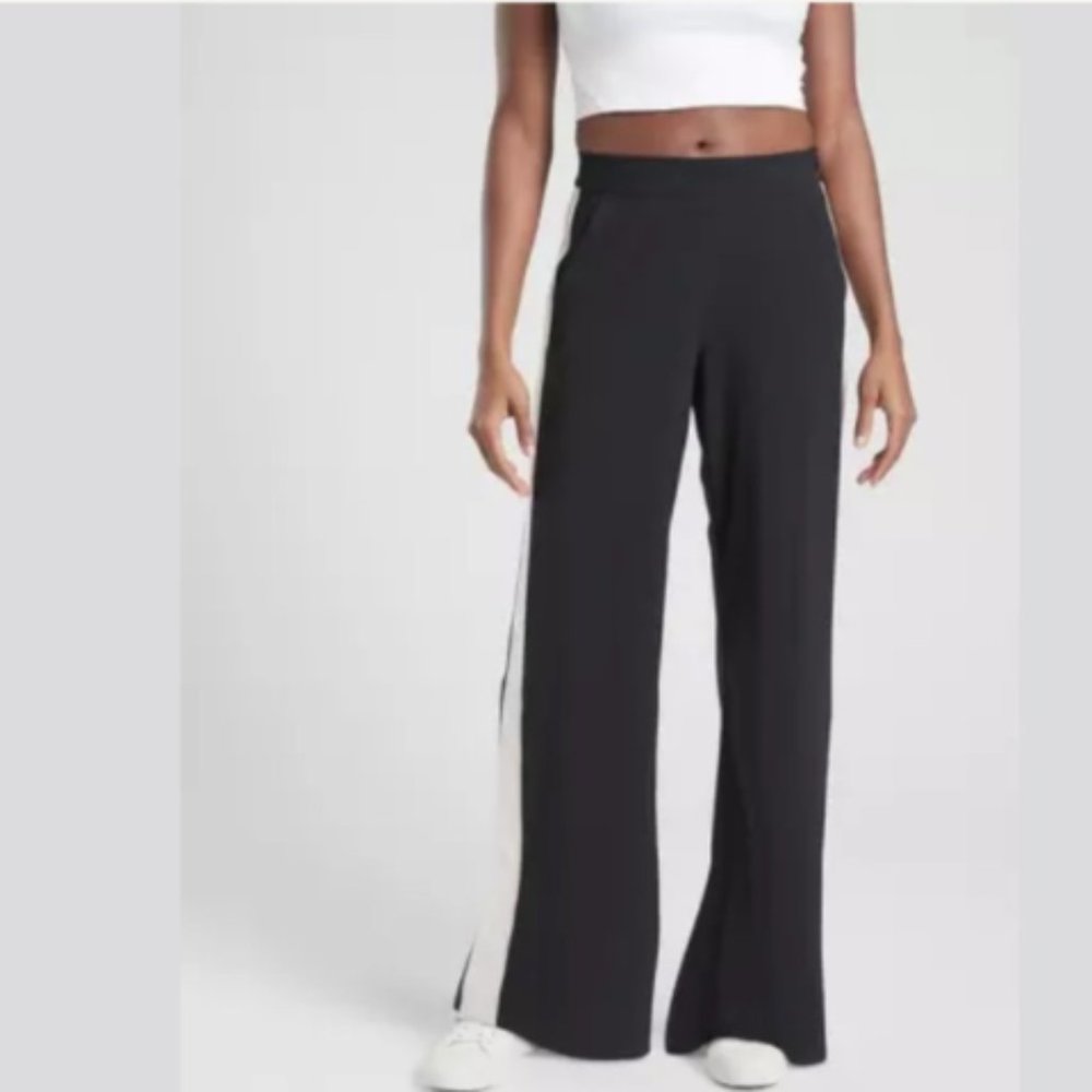 Athleta Black Wide-Leg Track Pants with White Side Stripe